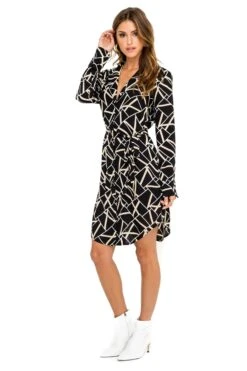 Miki Long Sleeved Dress -Sundress Haven ACDR100083 BLACK TAUPE GEO 02