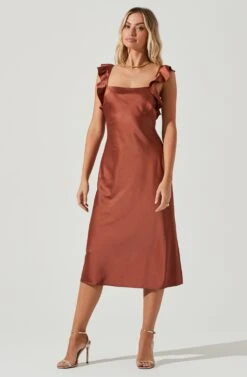 Rina Ruffle Strap Satin Midi Dress