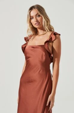 Rina Ruffle Strap Satin Midi Dress -Sundress Haven ACDR100904S COPPERBROWN 2