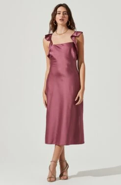 Rina Ruffle Strap Satin Midi Dress -Sundress Haven ACDR100904S DARKMAUVE 1