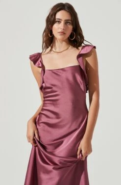 Rina Ruffle Strap Satin Midi Dress -Sundress Haven ACDR100904S DARKMAUVE 2