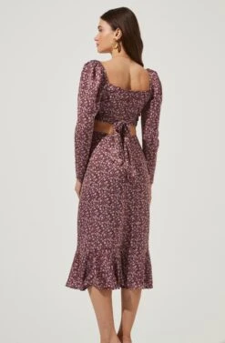 Lainie Long Sleeve Floral Cutout Midi Dress -Sundress Haven ACDR101000 BROWN LILACFLORAL 3