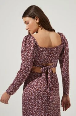Lainie Long Sleeve Floral Cutout Midi Dress -Sundress Haven ACDR101000 BROWN LILACFLORAL 4