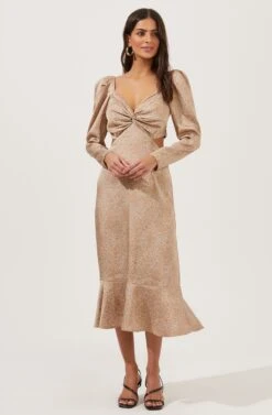 Lainie Twist Front Satin Floral Puff Sleeve Midi Dress