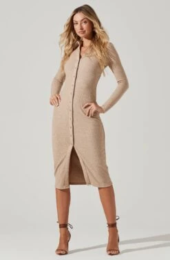 Bransbury Ribbed Knit Button Down Cutout Midi Dress
