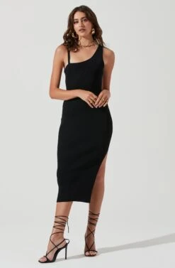 Romi Asymmetrical Neck Bodycon Midi Dress -Sundress Haven ACDR101167 BLACK 0560