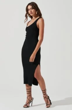 Romi Asymmetrical Neck Bodycon Midi Dress -Sundress Haven ACDR101167 BLACK 0568