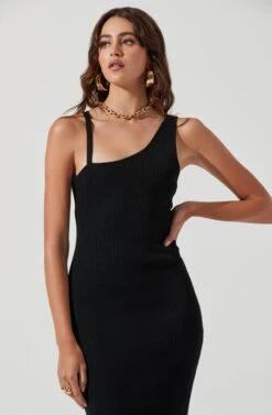 Romi Asymmetrical Neck Bodycon Midi Dress -Sundress Haven ACDR101167 BLACK 0582