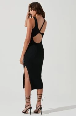 Romi Asymmetrical Neck Bodycon Midi Dress -Sundress Haven ACDR101167 BLACK 0586