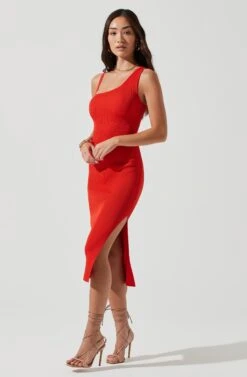 Romi Asymmetrical Neck Bodycon Midi Dress -Sundress Haven ACDR101167 REDORANGE 0224