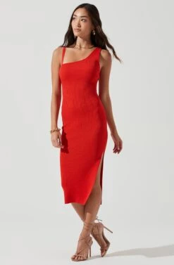 Romi Asymmetrical Neck Bodycon Midi Dress -Sundress Haven ACDR101167 REDORANGE 0230