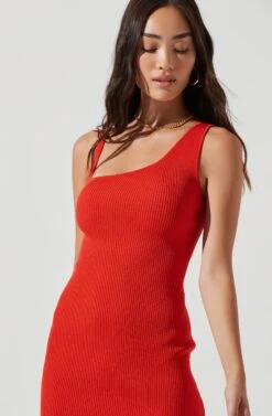 Romi Asymmetrical Neck Bodycon Midi Dress -Sundress Haven ACDR101167 REDORANGE 0233