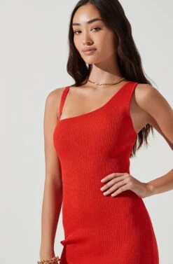 Romi Asymmetrical Neck Bodycon Midi Dress -Sundress Haven ACDR101167 REDORANGE 0239