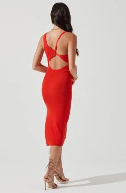 Romi Asymmetrical Neck Bodycon Midi Dress -Sundress Haven ACDR101167 REDORANGE 0243