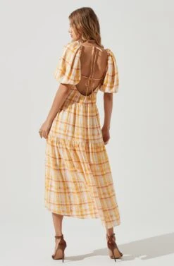 Ilana Plaid Puff Sleeve Tiered Midi Dress -Sundress Haven ACDR101194L ORANGEYELLOWPLAID 0149