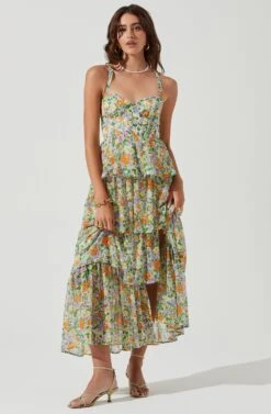 Midsummer Floral Tiered Maxi Dress -Sundress Haven ACDR101226B GREENORANGEMULTIFLORAL 0707