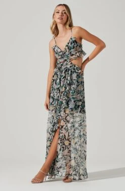 Palace Floral Cutout Ruffle Maxi Dress -Sundress Haven ACDR101252 BLACKMULTIFLORAL 04191