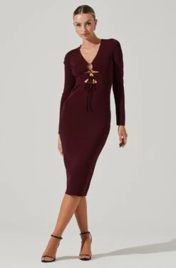 Jovie Front Cutout Bodycon Midi Dress 20 Jovie Front Cutout Bodycon Midi Dress -Sundress Haven ACDR101321 WINE 14281