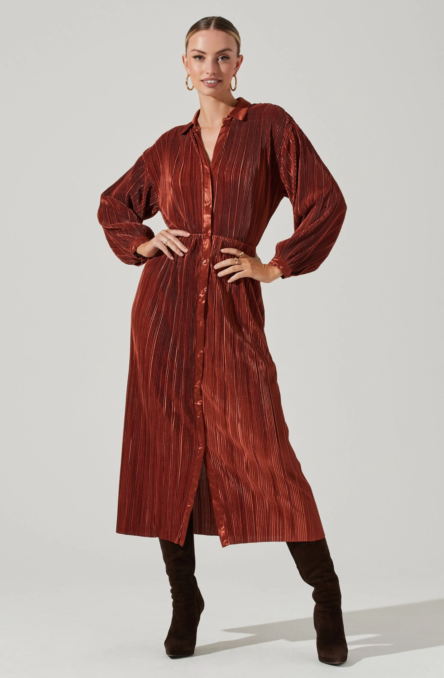 Ferran Plisse Cutout Button Down Long Sleeve Midi Dress 1 Ferran Plisse Cutout Button Down Long Sleeve Midi Dress