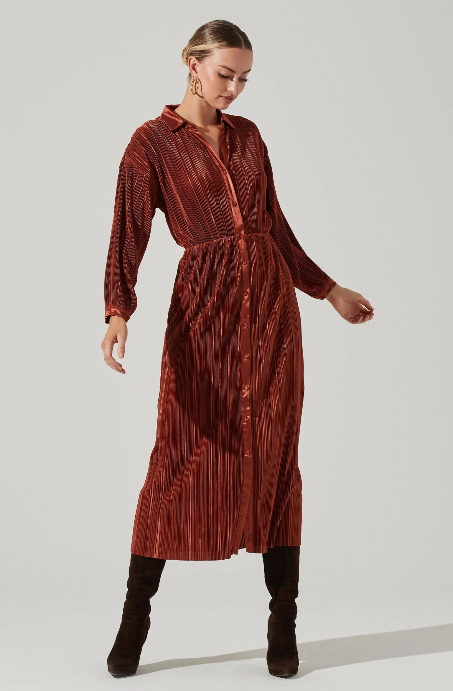 Ferran Plisse Cutout Button Down Long Sleeve Midi Dress 3 Ferran Plisse Cutout Button Down Long Sleeve Midi Dress - Image 3