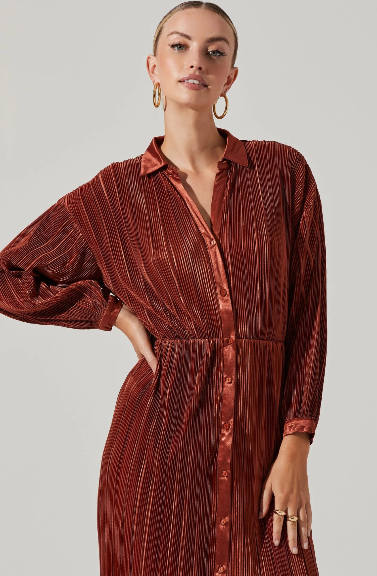 Ferran Plisse Cutout Button Down Long Sleeve Midi Dress 4 Ferran Plisse Cutout Button Down Long Sleeve Midi Dress - Image 4