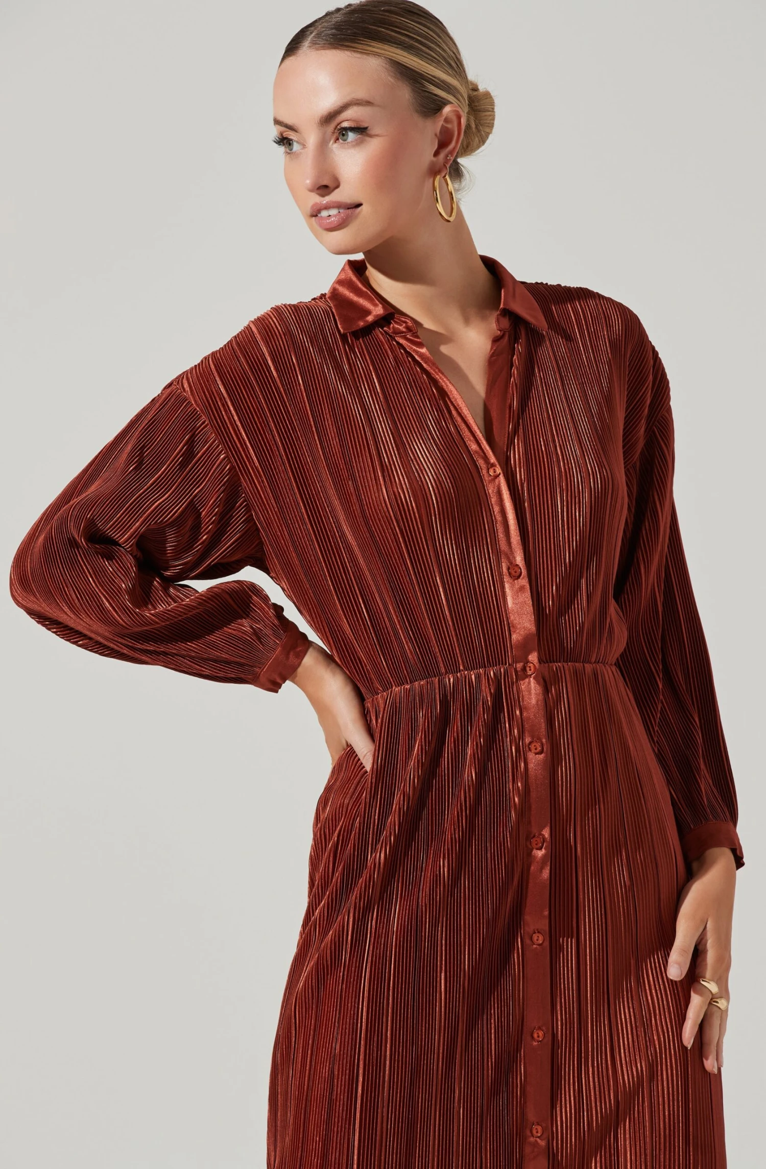 Ferran Plisse Cutout Button Down Long Sleeve Midi Dress 2 Ferran Plisse Cutout Button Down Long Sleeve Midi Dress - Image 2