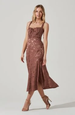Elsie Floral Jacquard Smocked Midi Dress -Sundress Haven ACDR101374J BROWNJACQUARD 2