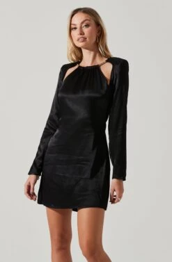 Carina Satin Chain Link Long Sleeve Mini Dress -Sundress Haven ACDR101441 BLACK 2