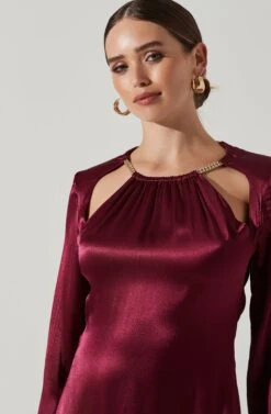 Carina Satin Chain Link Long Sleeve Mini Dress -Sundress Haven ACDR101441 WINE 3