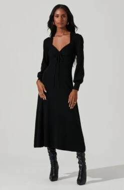 Genevieve Knit Sweetheart Long Sleeve Midi Dress -Sundress Haven ACDR101450 BLACK 1