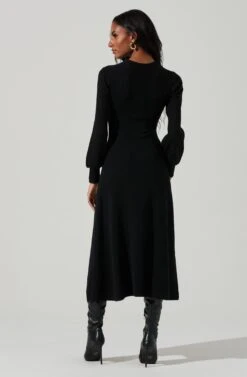 Genevieve Knit Sweetheart Long Sleeve Midi Dress -Sundress Haven ACDR101450 BLACK 6