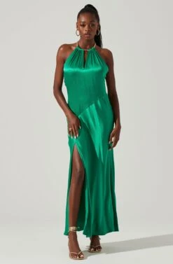 Kazia Satin Halter Chain Maxi Dress -Sundress Haven ACDR101567R EMERALD 2