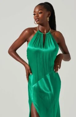 Kazia Satin Halter Chain Maxi Dress -Sundress Haven ACDR101567R EMERALD 3
