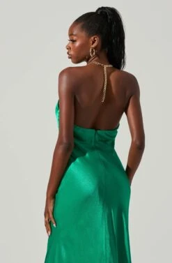 Kazia Satin Halter Chain Maxi Dress -Sundress Haven ACDR101567R EMERALD 5