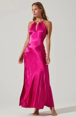 Kazia Satin Halter Chain Maxi Dress -Sundress Haven ACDR101567R FUCHSIA 1