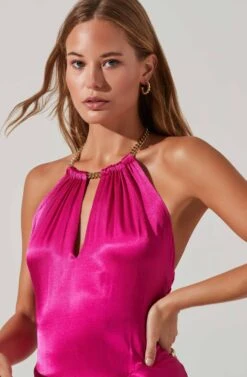 Kazia Satin Halter Chain Maxi Dress -Sundress Haven ACDR101567R FUCHSIA 3