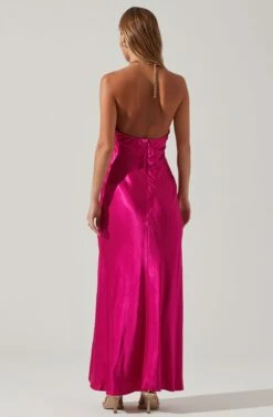 Kazia Satin Halter Chain Maxi Dress -Sundress Haven ACDR101567R FUCHSIA 5