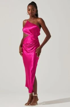 Martina Satin Side Cutout One Shoulder Midi Dress 14 Martina Satin Side Cutout One Shoulder Midi Dress -Sundress Haven ACDR101650S FUCHSIA 1