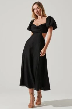 Winley Puff Sleeve Cutout Midi Dress -Sundress Haven ACDR101685 BLACK 1