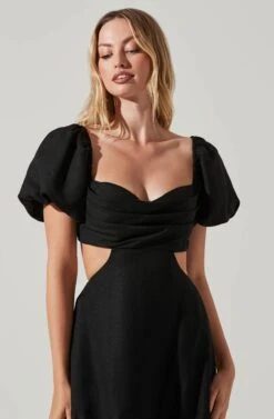 Winley Puff Sleeve Cutout Midi Dress -Sundress Haven ACDR101685 BLACK 2