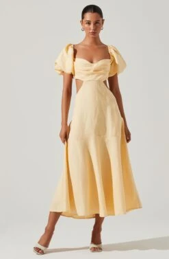 Winley Puff Sleeve Cutout Midi Dress -Sundress Haven ACDR101685 LEMON 1