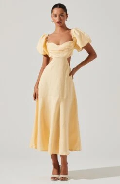 Winley Puff Sleeve Cutout Midi Dress -Sundress Haven ACDR101685 LEMON 2