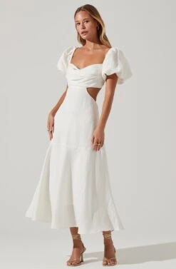 Winley Puff Sleeve Cutout Midi Dress -Sundress Haven ACDR101685 OFFWHITE 2