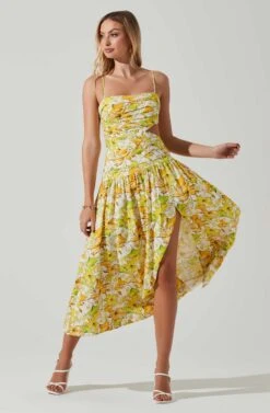 Kalina Floral Pleated Bust Midi Dress -Sundress Haven ACDR101728 YELLOWFLORAL 1