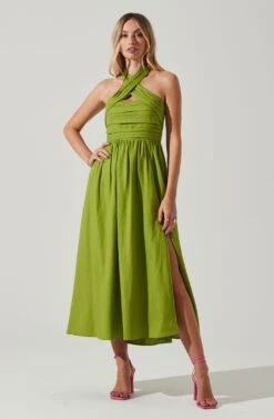 Zaria Pleated Halter Midi Dress -Sundress Haven ACDR101778 AVOCADO 1