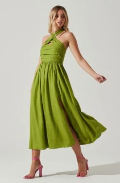 Zaria Pleated Halter Midi Dress -Sundress Haven ACDR101778 AVOCADO 2