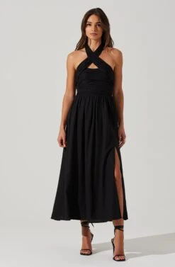 Zaria Pleated Halter Midi Dress -Sundress Haven ACDR101778 BLACK 1