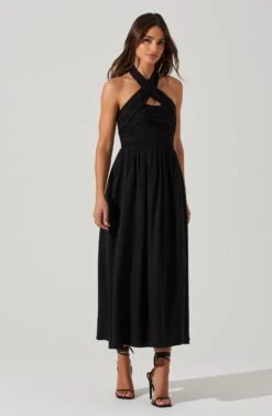 Zaria Pleated Halter Midi Dress -Sundress Haven ACDR101778 BLACK 2