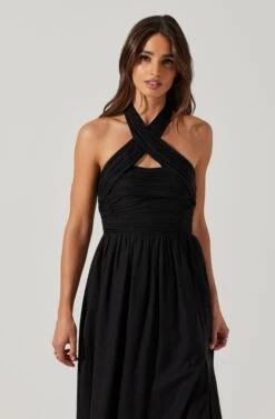 Zaria Pleated Halter Midi Dress -Sundress Haven ACDR101778 BLACK 3