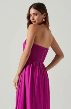 Zaria Pleated Halter Midi Dress -Sundress Haven ACDR101778 FUCHSIA 4